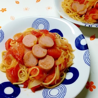 水につけたパスタで、時短なトマトスパ♡